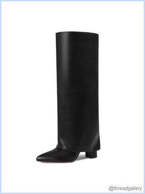 Wide Calf Knee High Boots Faux Leather Chunky Heel Pointed Toe